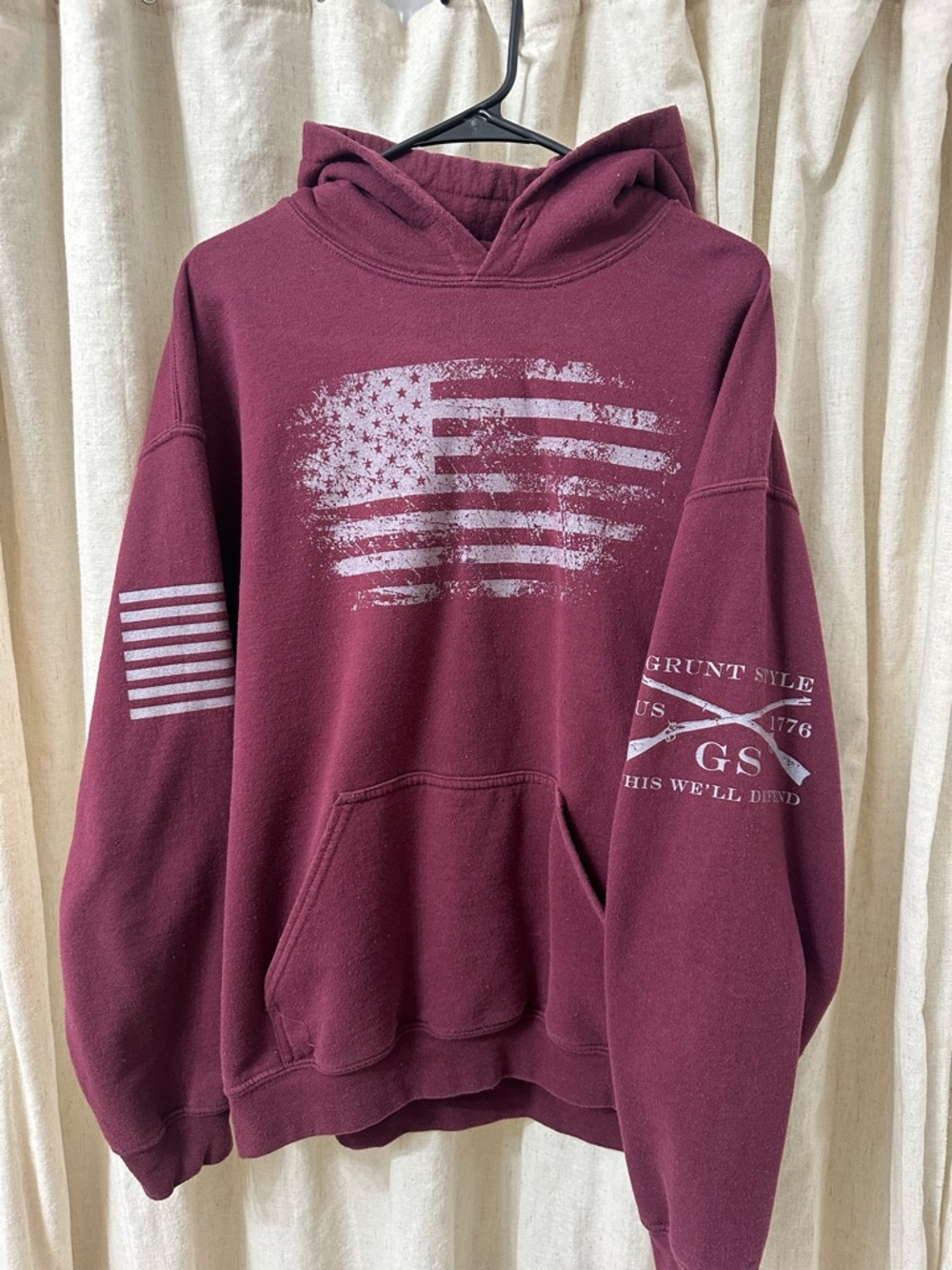 Grunt Style Maroon Pullover Hoodie with Distressed Flag Graphic